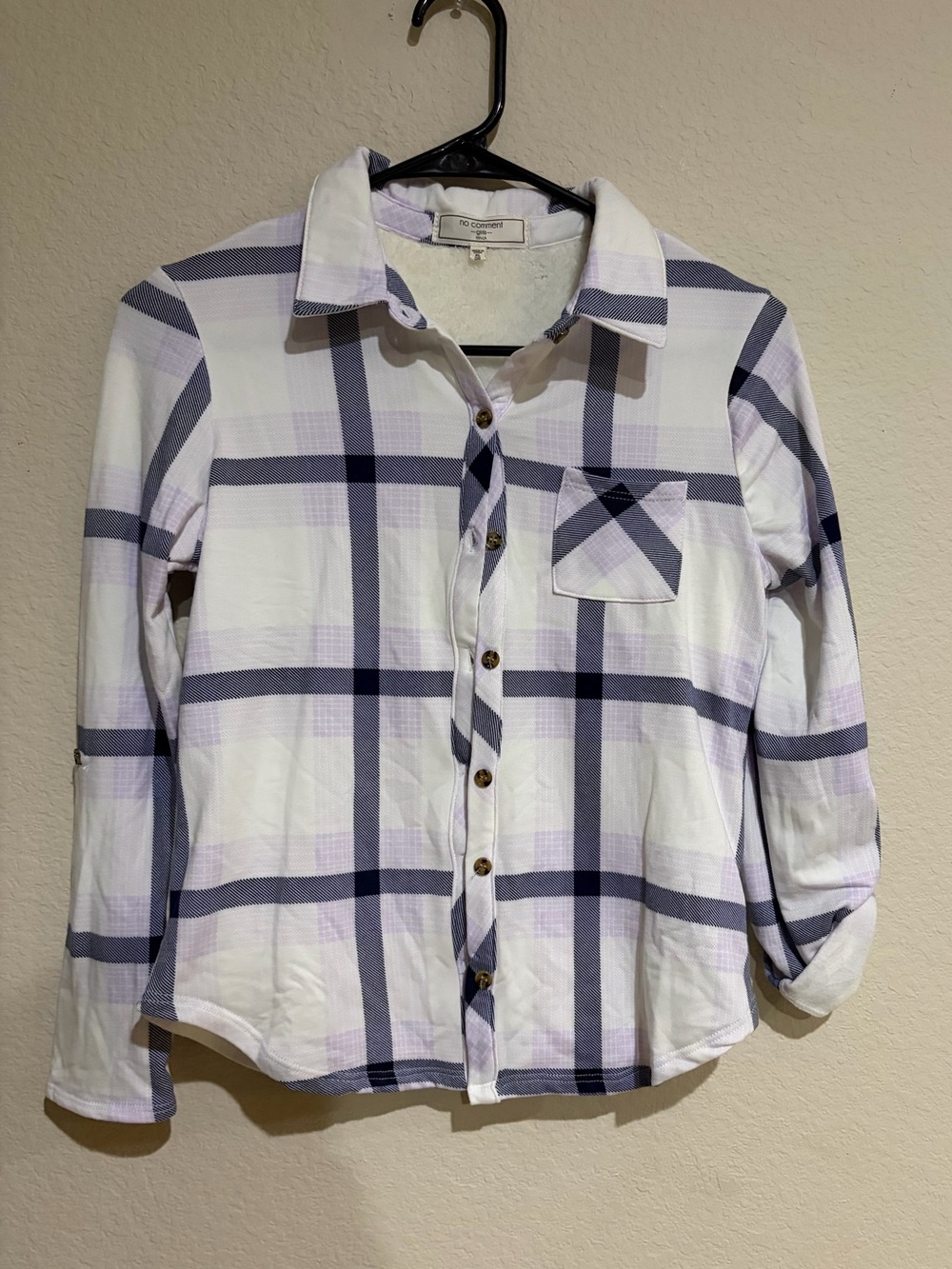 No Comment Girls XL 16 Plaid Sherpa Lined Flannel Shirt Jacket Purple White